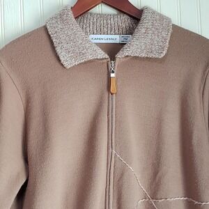 Karen Lessly Sweater Womens Petite Medium Brown Full Zip Knit Embroidered